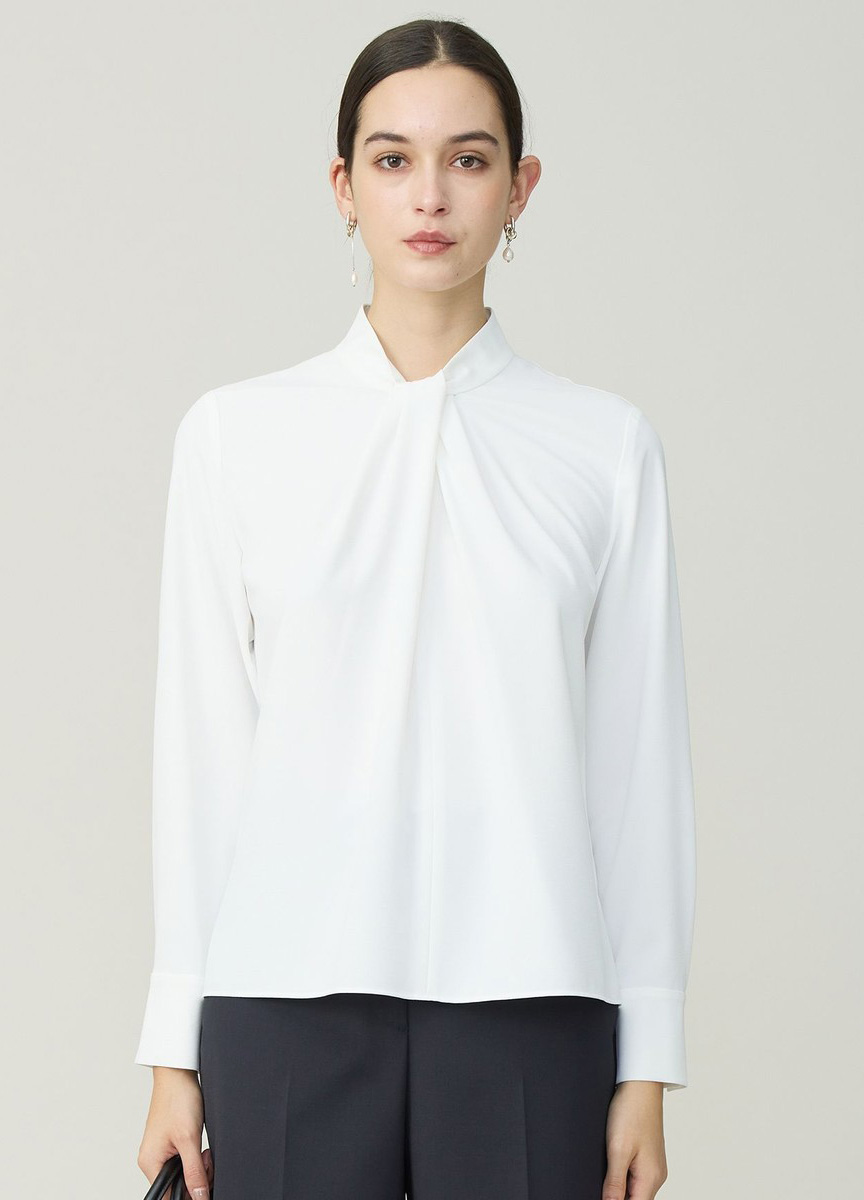 領褶皺設計長袖襯衫